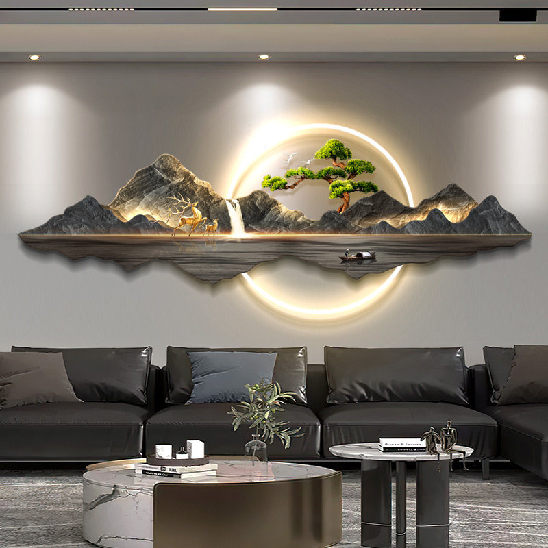 轻奢高级感客厅装饰画3D立体发光灯画新中式山水挂画沙背景墙壁画