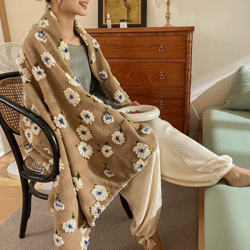 复古风秋冬加厚双层立体小雏菊羊毛混纺豆豆毯毛毯毯子保暖绒毯