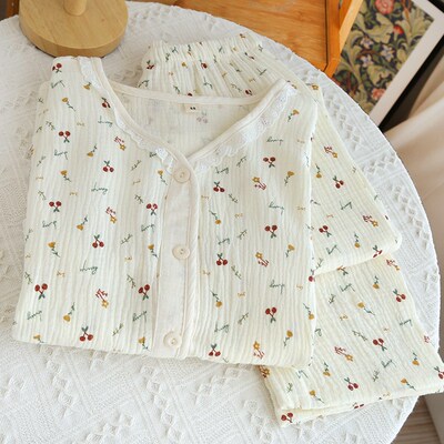 婴儿棉纱布2013女款夏季睡衣短袖长裤V领碎花家居服纯棉双层棉纱