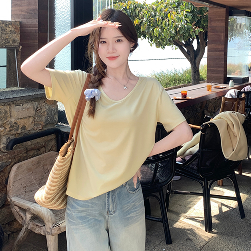 黄色短袖t恤女夏季2025新款v领正肩宽松显瘦大领口面膜t白色上衣