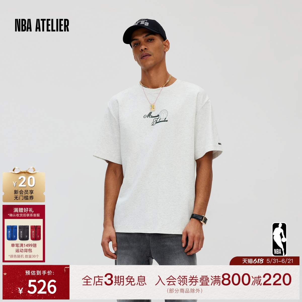 NBA ATELIER森林狼春夏宽松短袖男圆领运动潮流休闲半袖百搭T恤