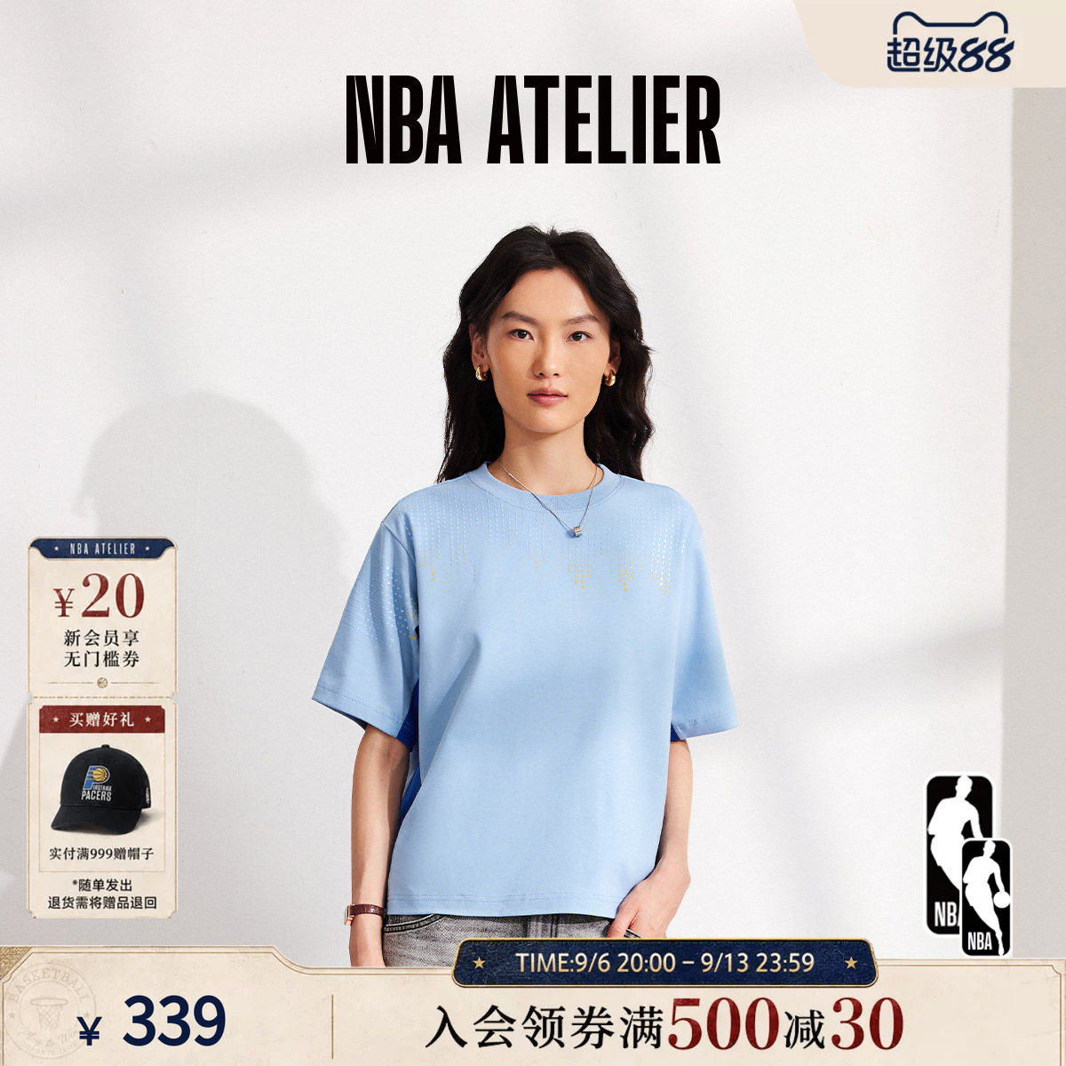 NBA ATELIER女士勇士队宽松印花拼色T恤圆领运动休闲宽松潮流短袖