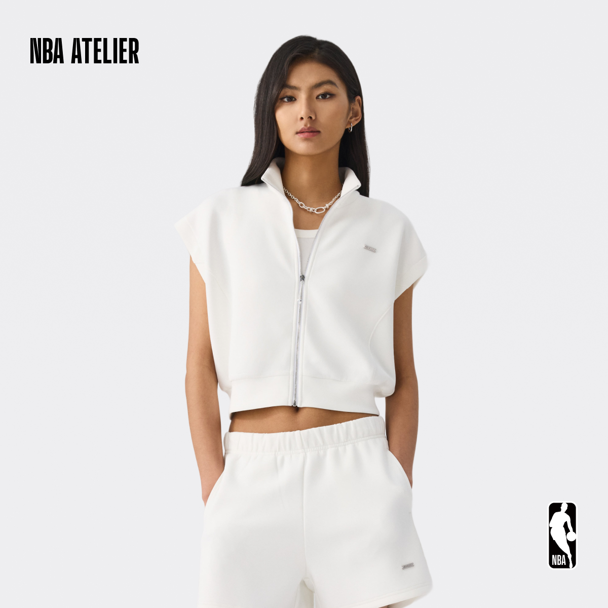 NBA ATELIER马刺队女款无袖立领拉链短袖休闲简约百搭通勤短袖