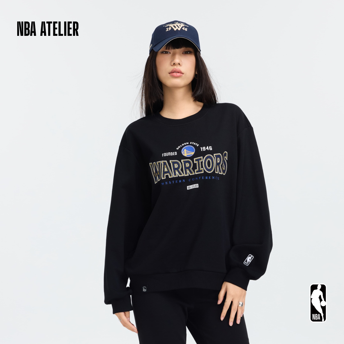 NBA ATELIER勇士队男女同款刺绣卫衣宽松休闲圆领长袖运动套头衫
