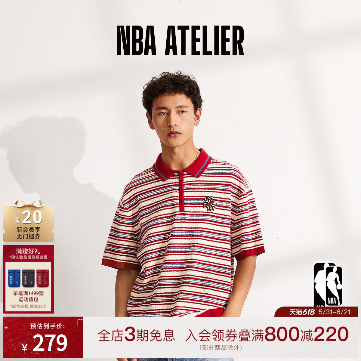 NBA ATELIER男生热火队polo领落肩宽松纯棉针织短袖T恤男女同款
