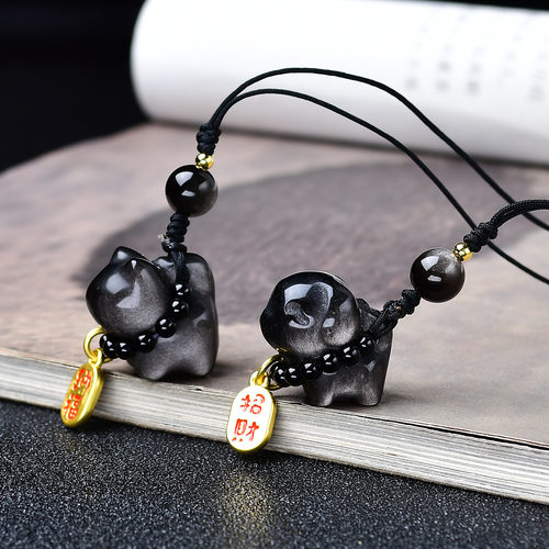 天然银曜石纳福招财猫咪可爱小猫包包挂件包包挂饰汽车钥匙扣小件