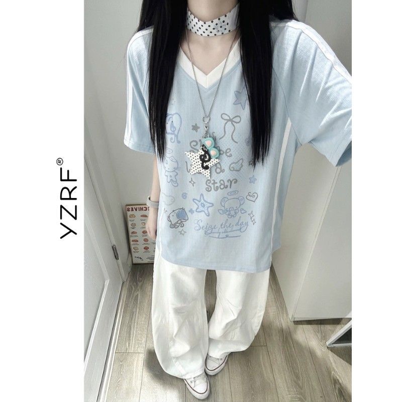 学院风卡通印花V领短袖T恤女夏季穿搭甜美宽松休闲超好看半袖上衣