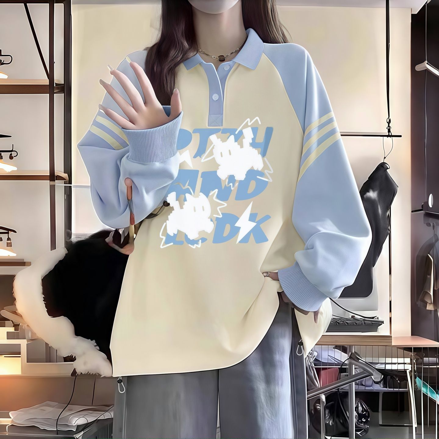 秋冬女学生少女翻领卫衣高中生初中生学院风纯棉宽松外套印花上衣