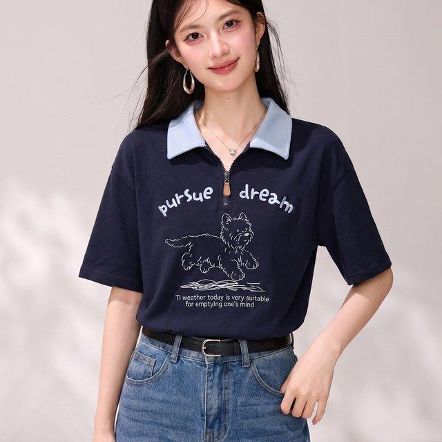 藏蓝色短袖T恤女2026夏季新款宽松半拉链翻领半袖体恤上衣