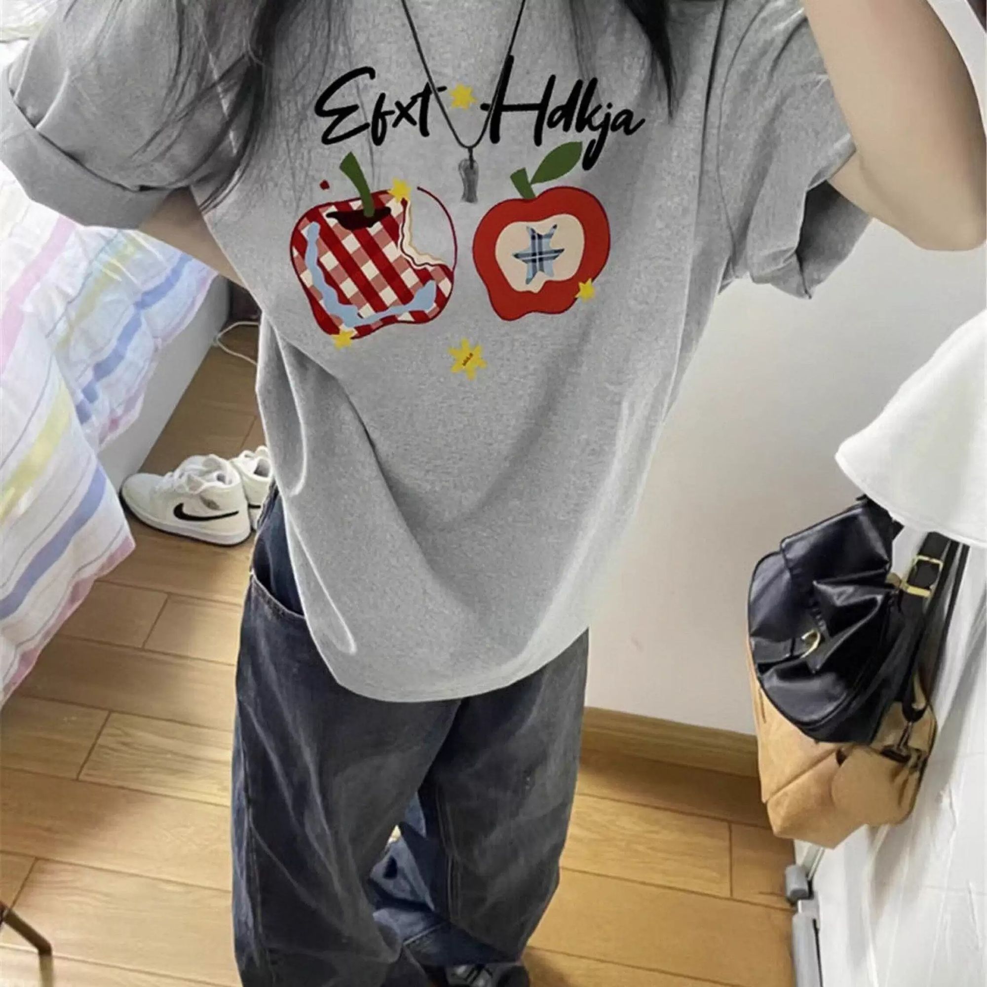 美式灰色圆领短袖t恤女大童2026新款夏初中高中学生宽松半袖上衣