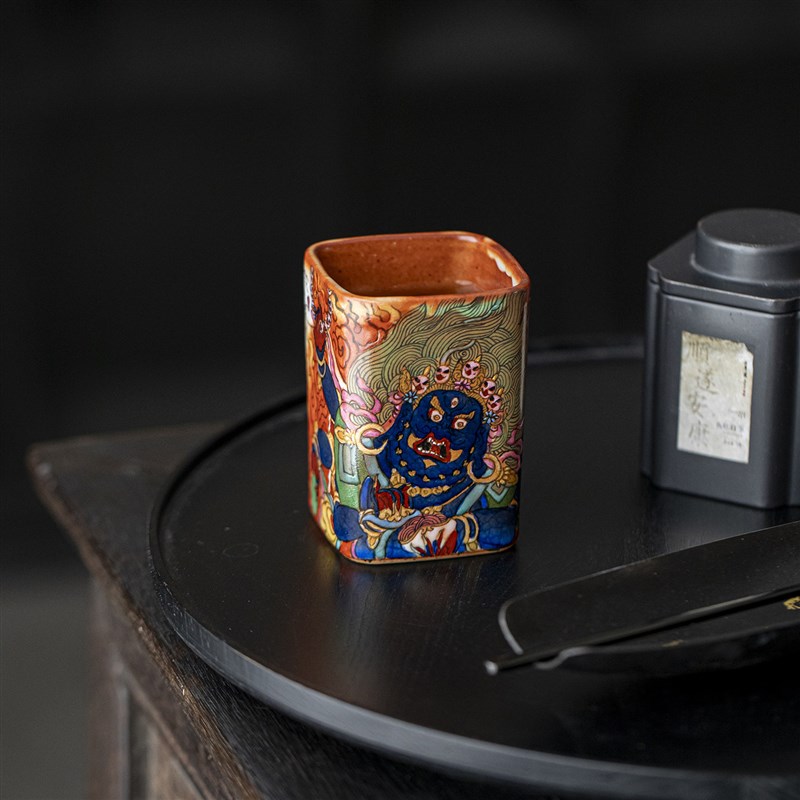 景德镇柴烧粗陶志野主人杯手绘唐卡大黑天茶杯手工单杯高端品茗杯