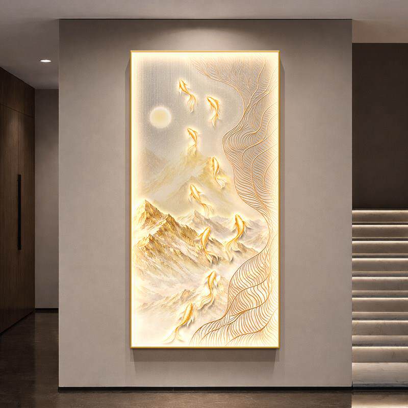 发光led九鱼图入户门玄关灯画正对墙壁画寓意好轻奢日照金山挂画