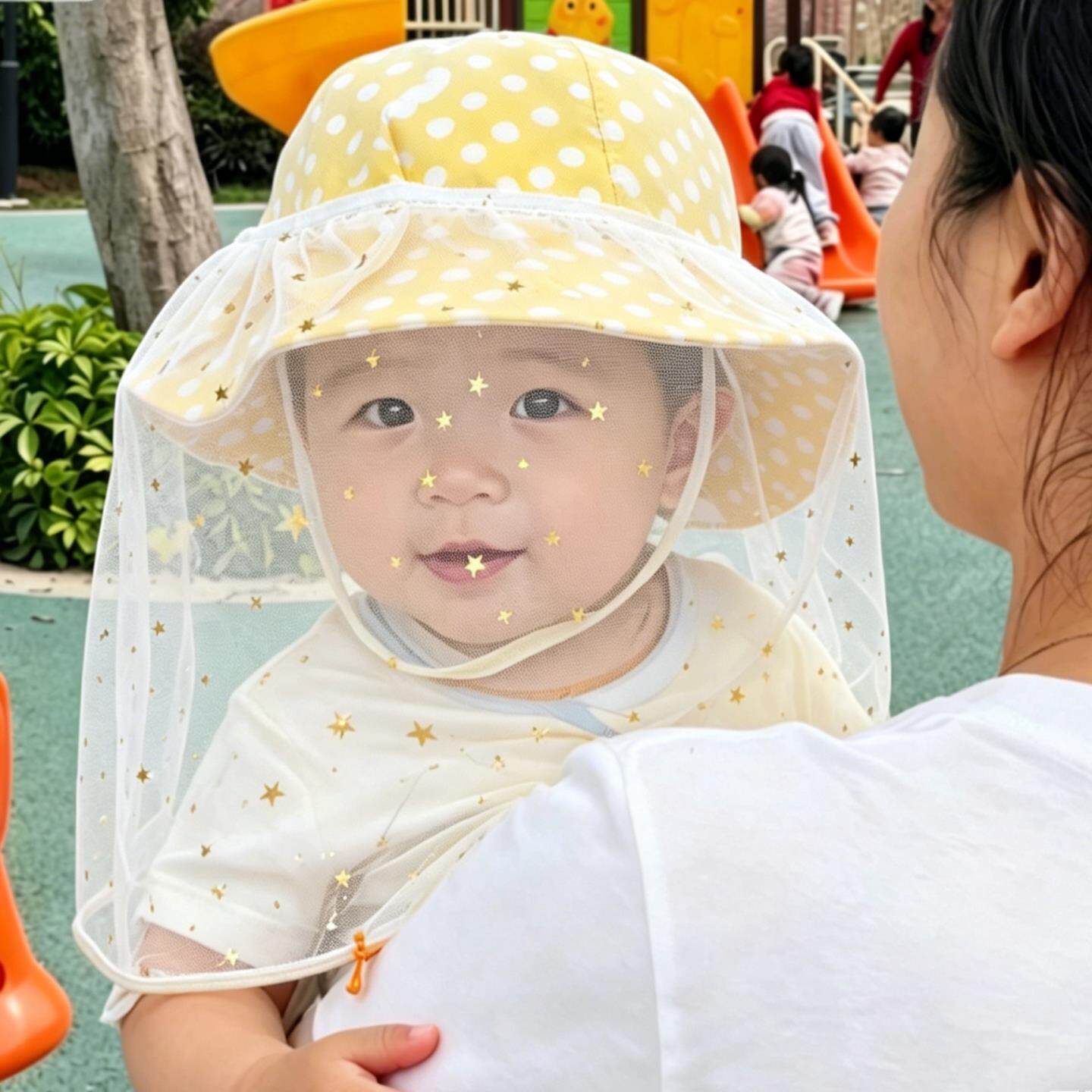 宝宝防护面罩春季防柳絮婴儿帽子面纱夏季防蚊虫透气可调节网纱罩