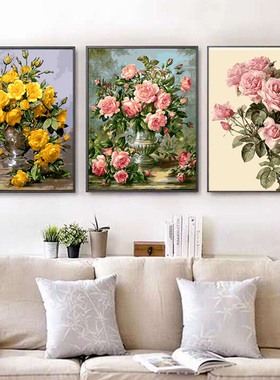 数字油画6075植物花卉风景客厅装饰画手绘定制填色油彩画玫瑰花