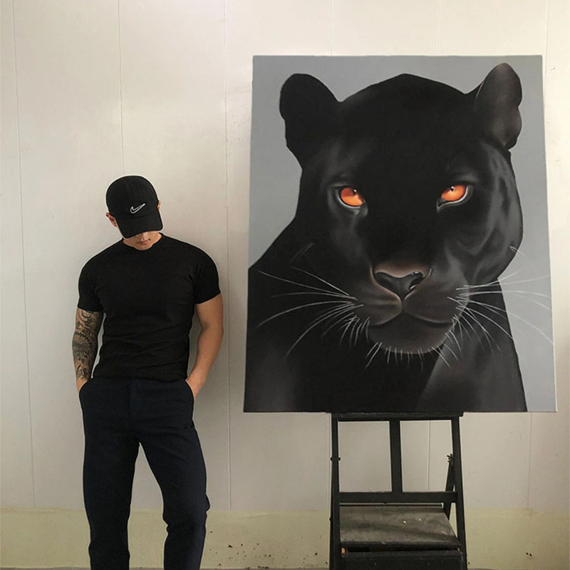 黑豹意式极简黑色豹子动物装饰画画轻奢高级感客厅玄关艺术感挂画