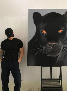 黑豹意式极简黑色豹子动物装饰画画轻奢高级感客厅玄关艺术感挂画