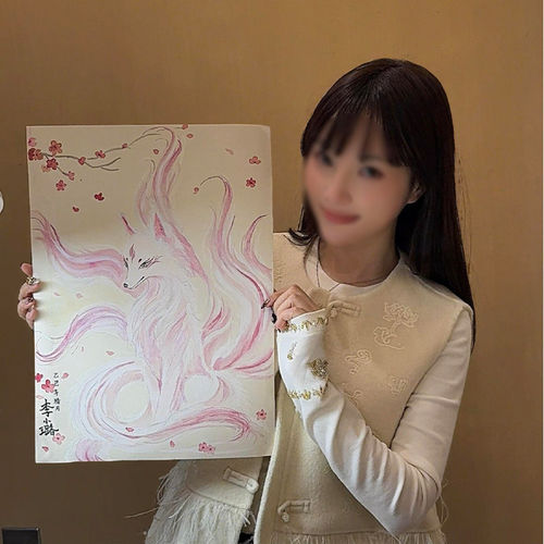 新中式九尾白狐客厅装饰画李小璐画作卧室壁画抽象艺术感动物挂画