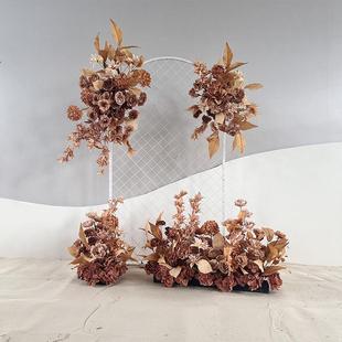 婚庆仿真花绢花婚礼红棕色挂花花排秋色地排花订婚宴秋棕色花艺