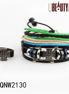 极速欧美风格 l真皮串珠手錬 编织手錬 古罗马三件套饰品