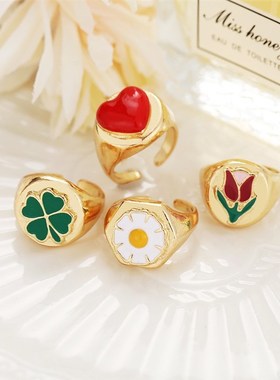 极速rings women tins博主同款戒指爱心戒指郁金香花朵开口食指戒