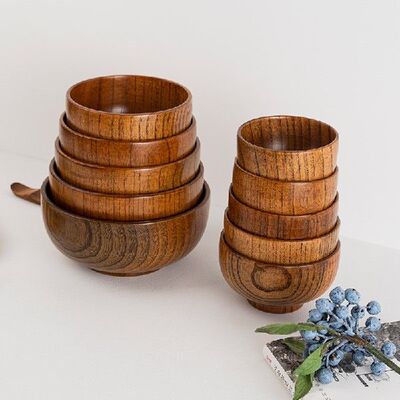 新品Japanese Style Wooden Bowl Soup SalJad Rice Noodle Bowls