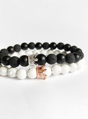 极速欧美新款8mm石头皇冠串珠D手錬 白松玛瑙佛珠亚马逊饰品