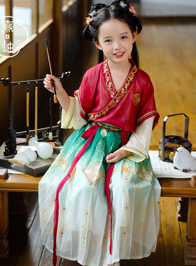 极速女童汉服g中国风唐装2023春秋红色复古儿童中秋古筝演出服超