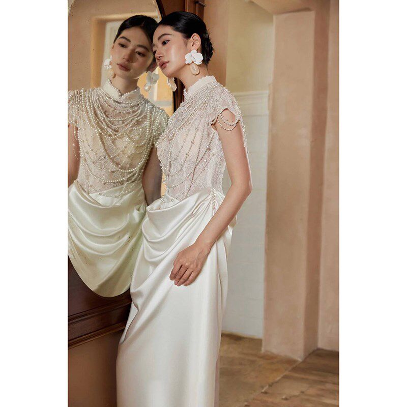 新品法式蕾丝轻婚纱小众轻奢缎面珍珠重工K鱼尾礼服新娘高端迎宾