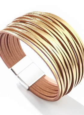 极速琦诺跨境e爆款时尚手镯PU皮革学生送礼物手饰多根金色银手錬