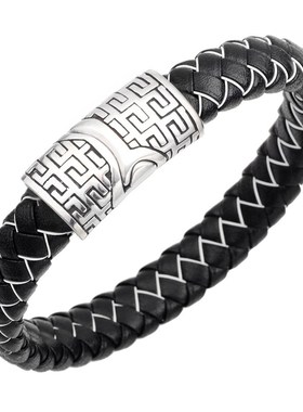 极速亚马逊爆款不l锈钢长城纹图案手錬 真牛皮手錬男士手镯首饰