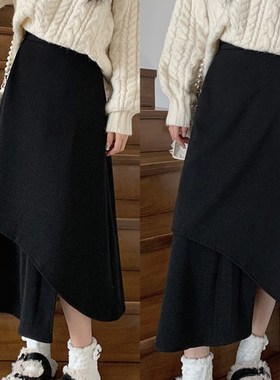 极速黑色毛呢半身裙女秋s冬新款显瘦大码胖mm中长款高腰梨形身材a