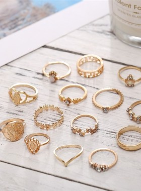 极速finger rings wome 1z5pcs set复古金币十字架花纹镶钻戒指15