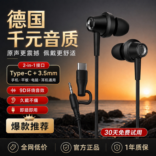 2026新款有线耳机typec接口入耳式降噪圆孔游戏k歌专用手机电脑