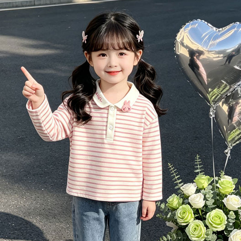 女童宝宝条纹polo长袖T恤春秋季韩版儿童兔子立体翻领洋气上衣服
