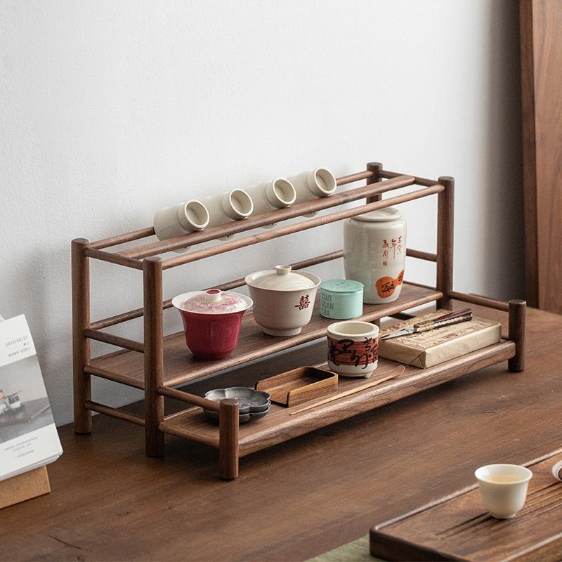 9U黑胡桃木家用茶杯茶具收纳架现代简约实木桌面置物架小型博古架