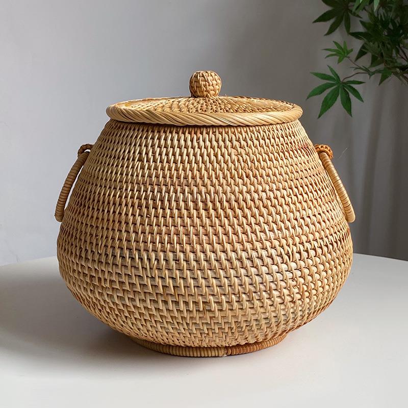 越南纯手工秋藤编织圆形茶几桌面客厅茶叶包装收纳盒博古架摆件