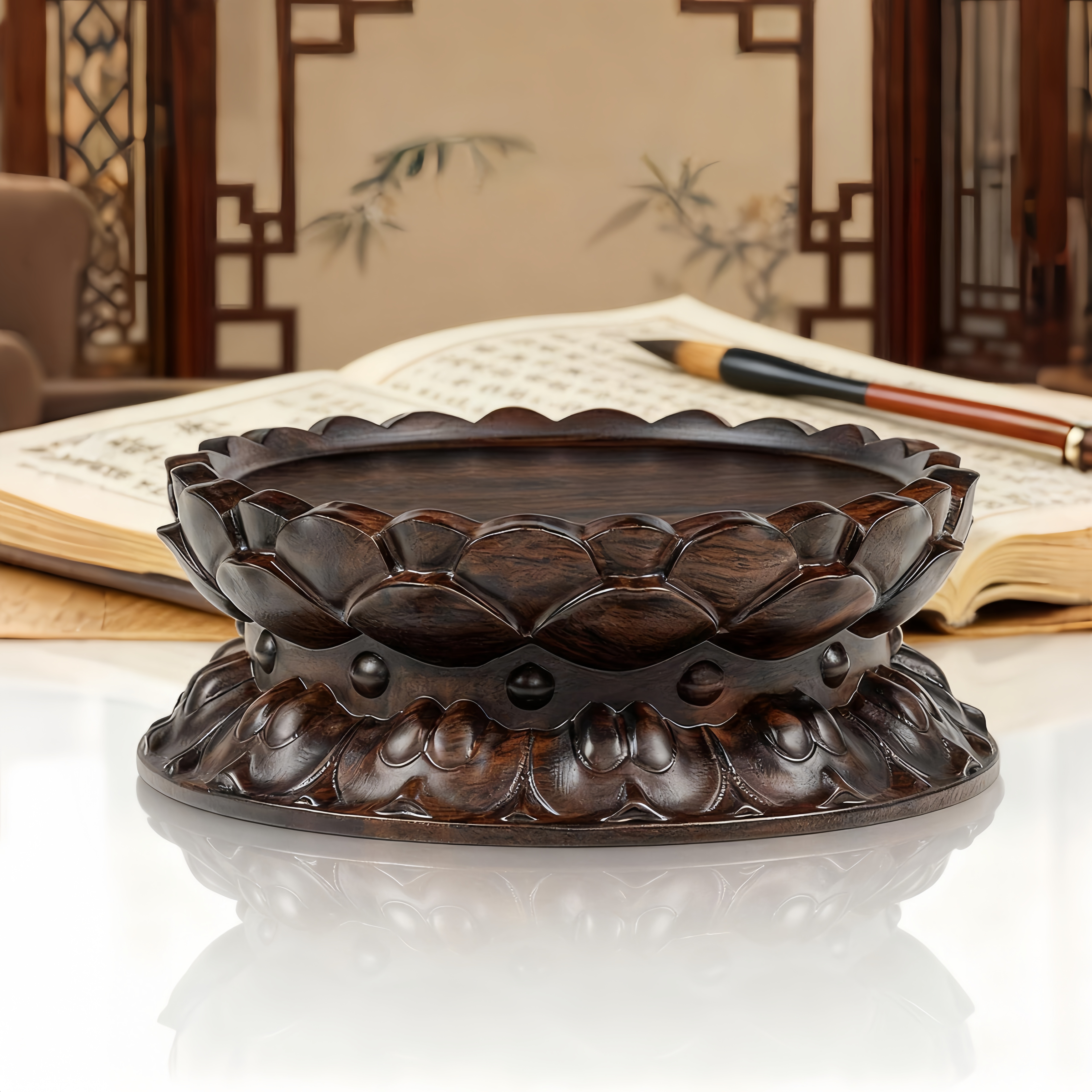 黑檀木整木圆形观音菩萨莲花底座家用供奉关公财神香炉摆件木底托