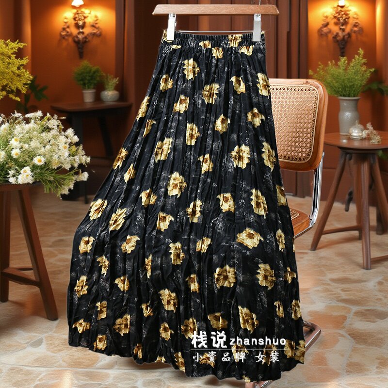 绝美复古褶皱碎花半身裙女长裙