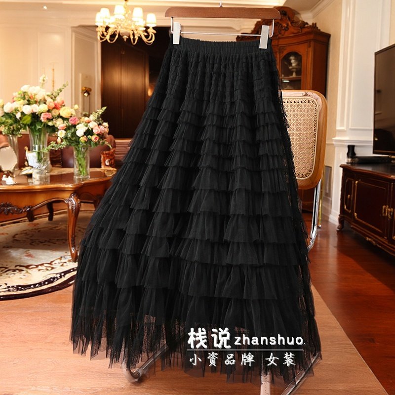 黑色层层网纱蛋糕裙半身裙女长裙