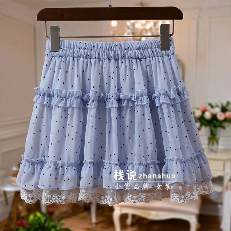 蓝色波点花边蛋糕短裙半身裙女