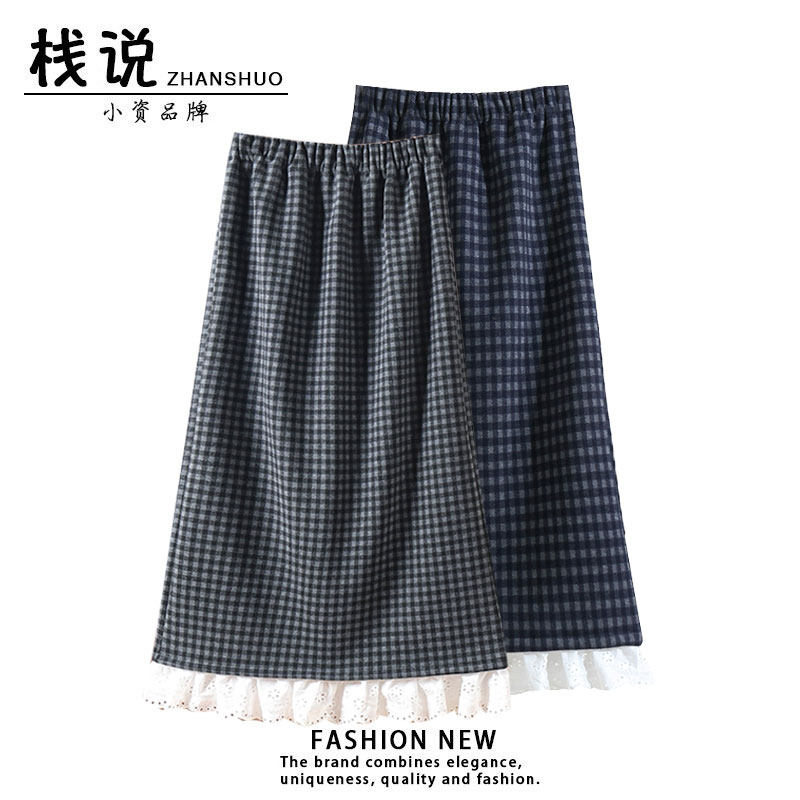 秋冬款加绒加厚格子A字半身裙女2025新款高腰显瘦花边裙长裙半裙