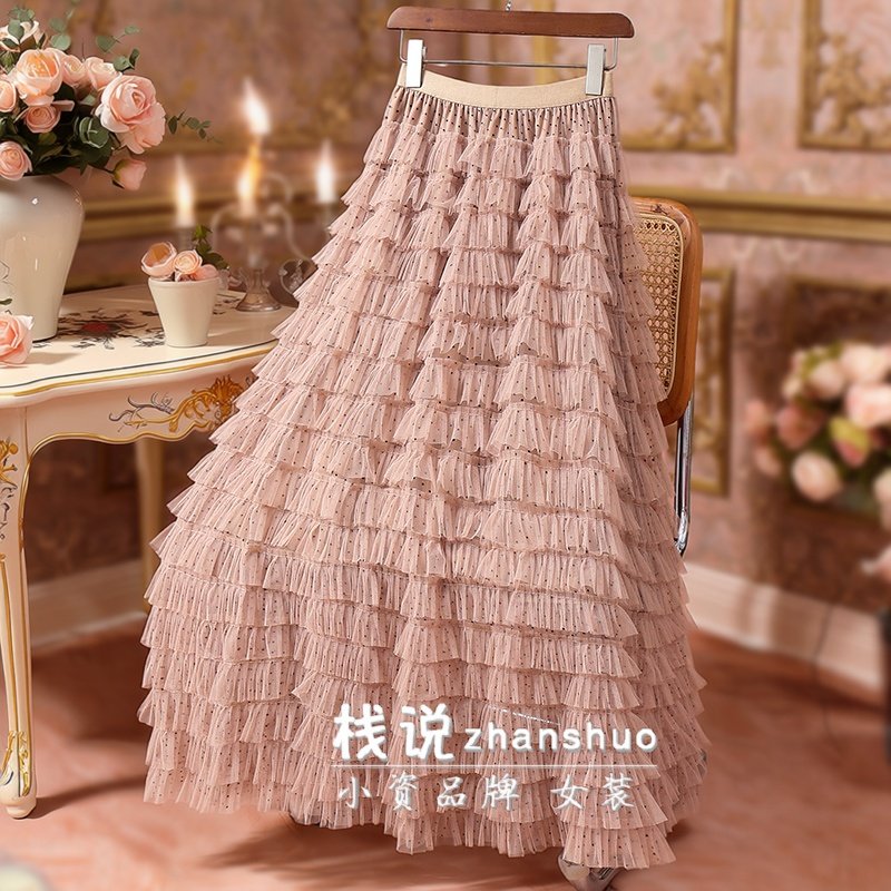 波点网纱半身裙纱裙蛋糕裙长裙女