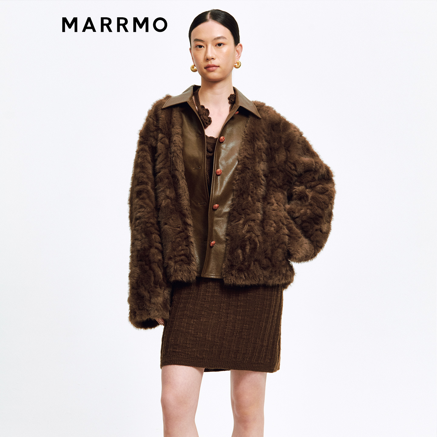 MARRMO/马髦PU拼接环保皮草外套