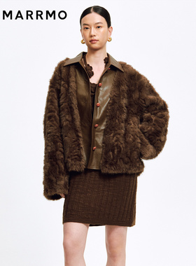 MARRMO/马髦2025年冬季新款PU拼接环保皮草皮织扣夹克式廓形外套