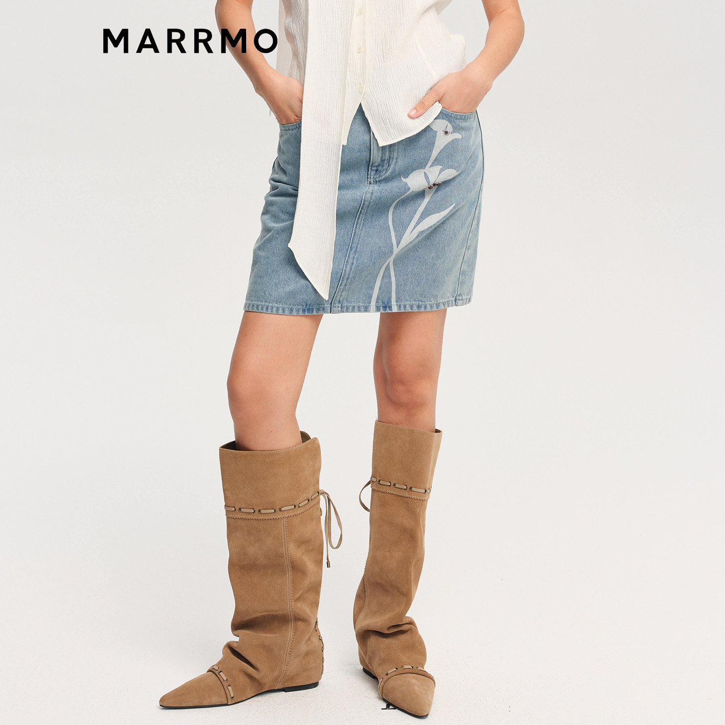 MARRMO/马髦 2026春季新款休闲百搭短裙马蹄莲印花A字牛仔半身裙,女装/女士精品,半身裙,淘宝优惠券,粉丝福利购,淘宝优惠卷