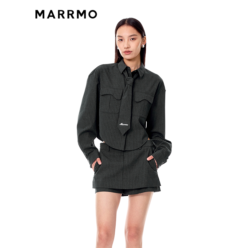 MARRMO/马髦夏季新款学院风口袋设计感条纹领带衬衫女上衣短款