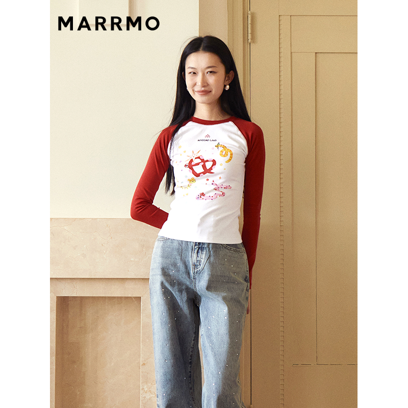 【明星博主同款】MARRMO/马髦 冬季新款烫钻修身长袖T恤上衣女