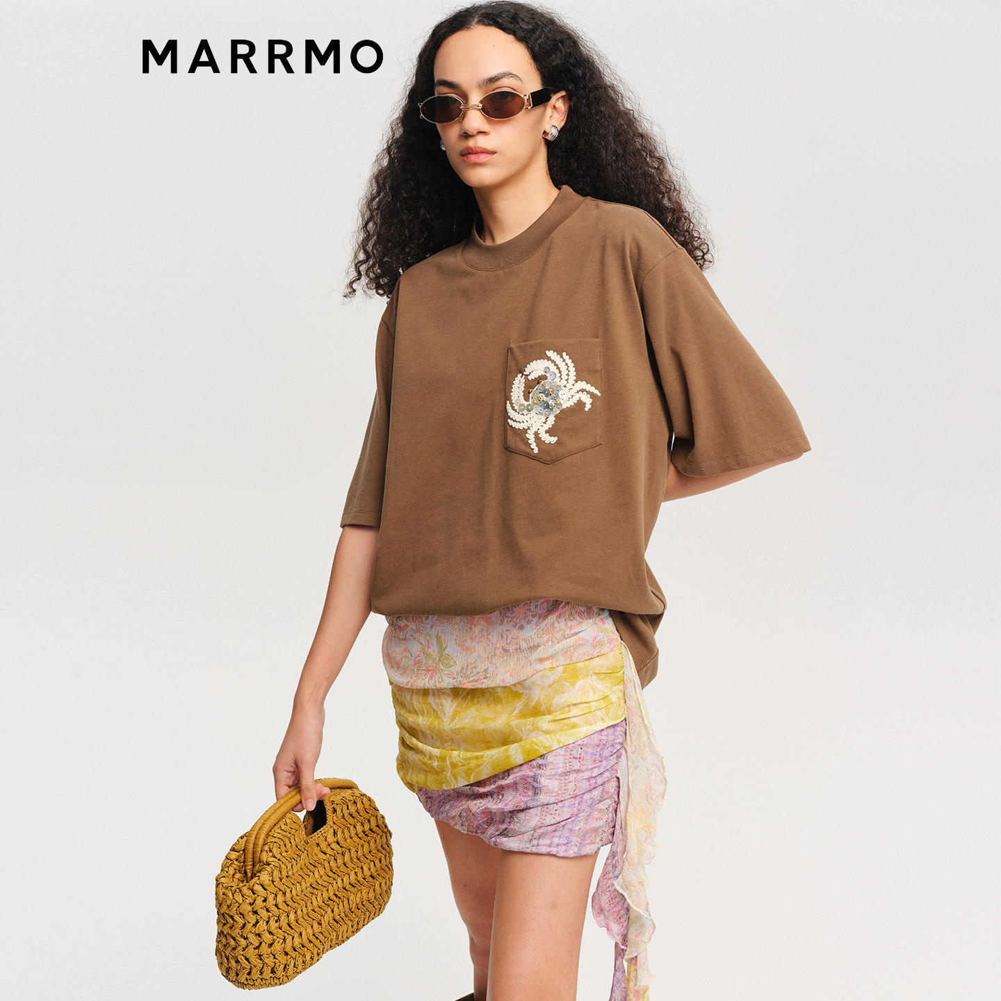 MARRMO/马髦2026夏季新款摩登轻甜百搭螃蟹刺绣宽松休闲T恤女上衣