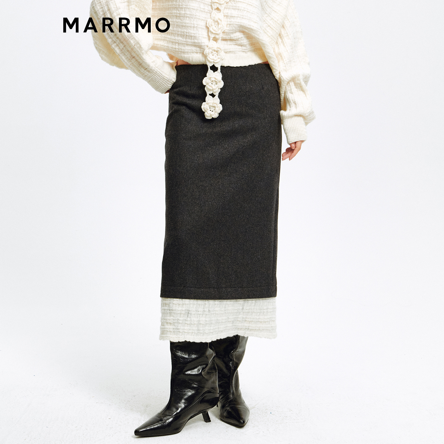 MARRMO/马髦拼接磨毛直身半身裙