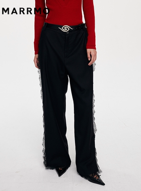 MARRMO/马髦 冬季新款流行蕾丝拼接高级羊毛宽松直筒裤长裤女